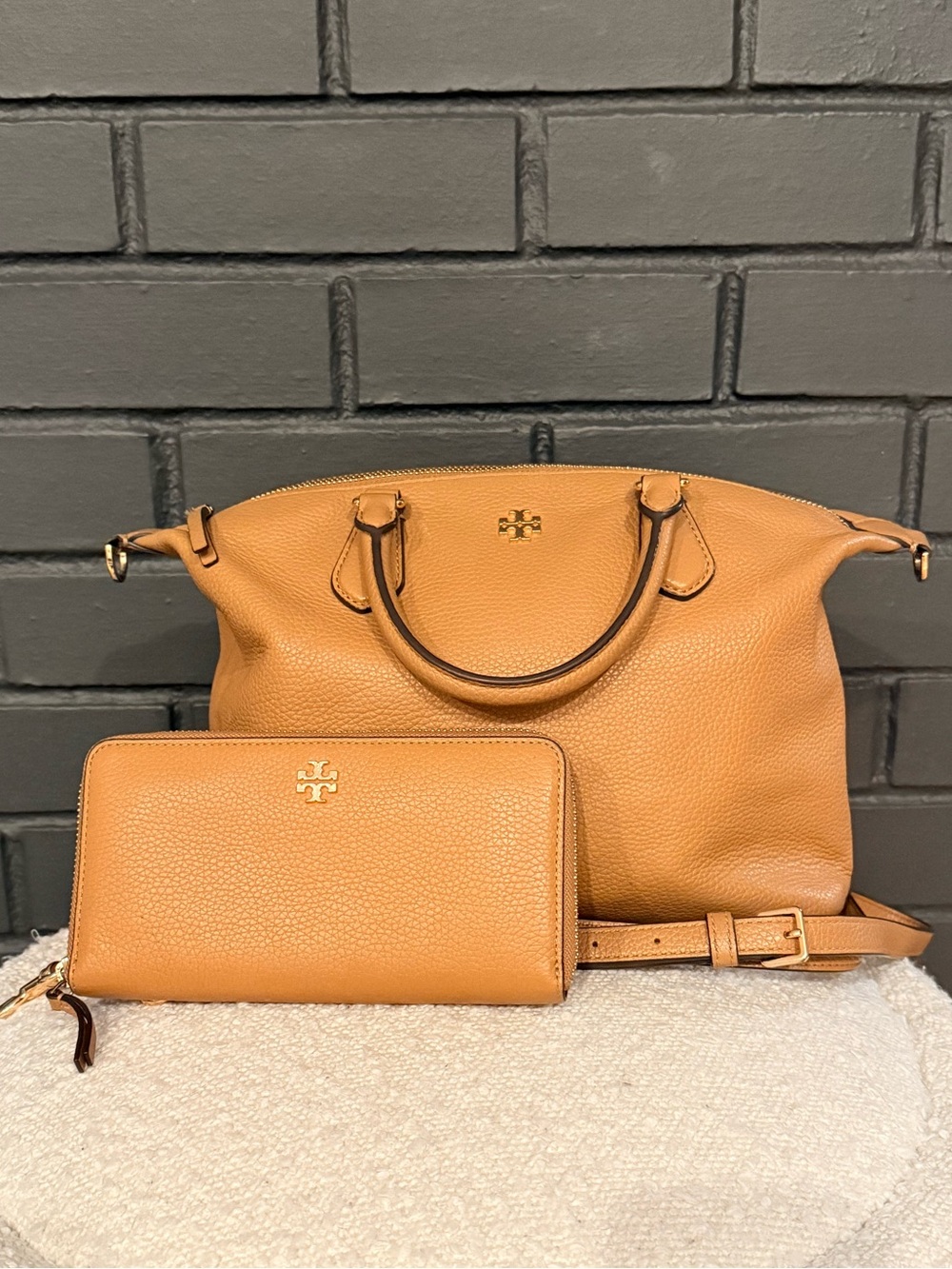 Tory Burch Tan Pebbled Leather Satchel and Zip Wallet Set